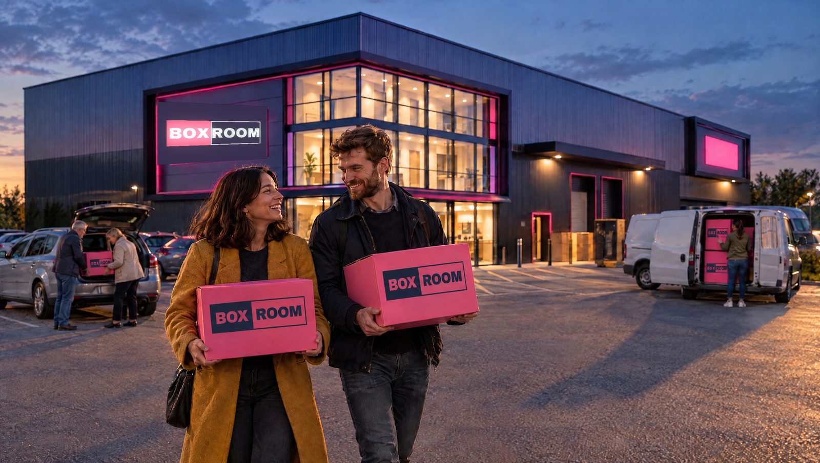 Customers carrying pink Boxroom boxes across the forecourt at dusk