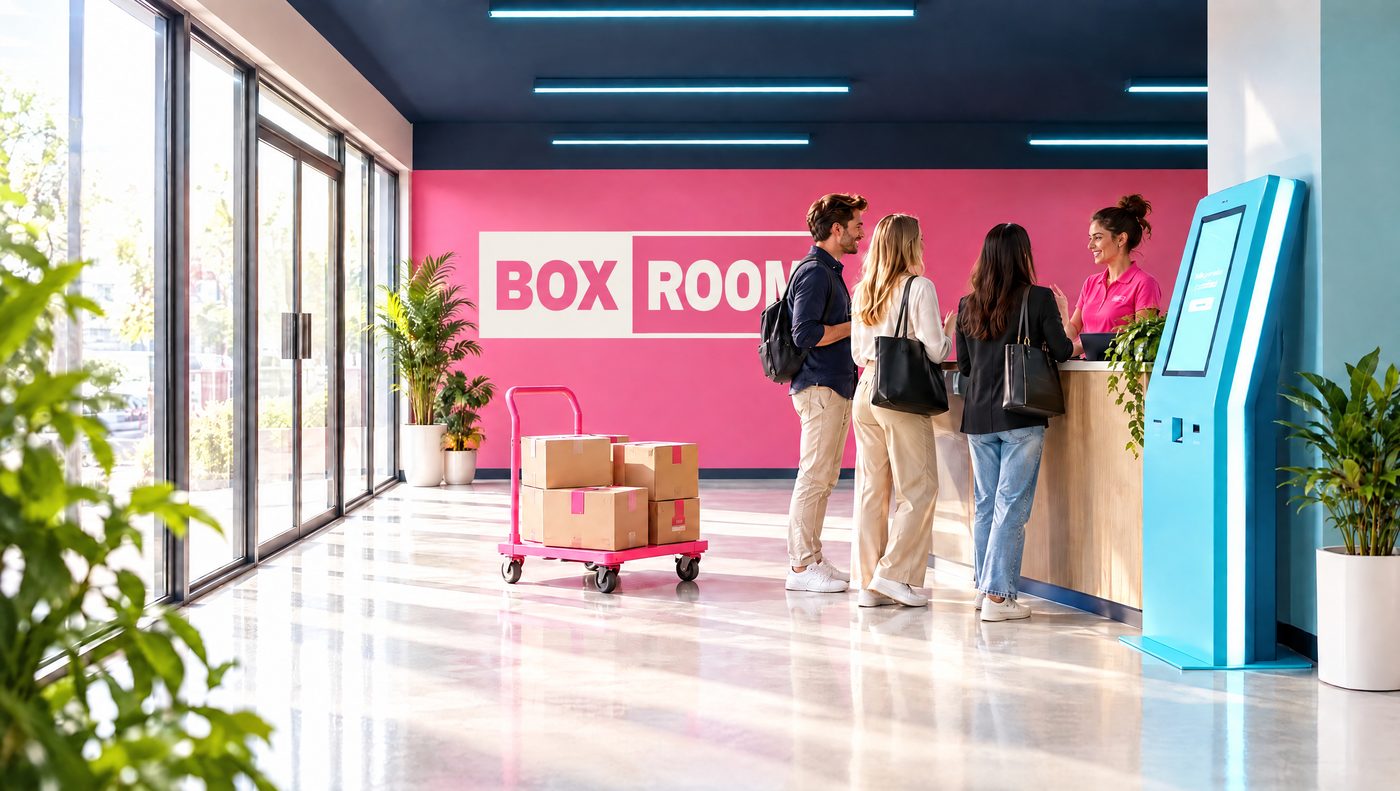 Boxroom reception with the pink wall and self-service kiosk