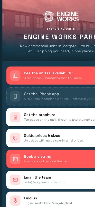 The Engine Works hub on a phone: units, app, brochure, prices, book a viewing